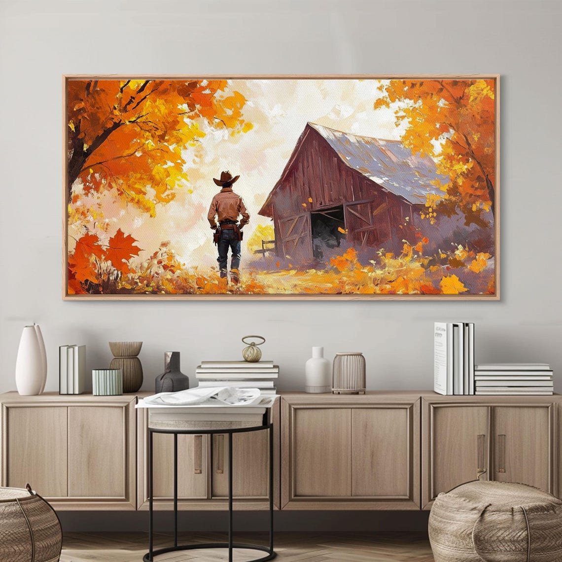 Cowboy Walking Toward A Red Barn Through Bright Fall Foliage Print - Image 5
