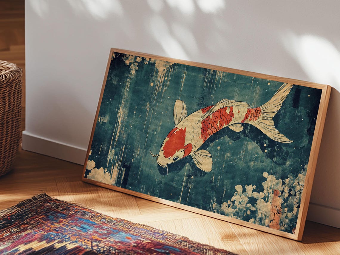 Single Red And White Koi Swimming Dark Teal Japanese Painting Wall Art - Image 2