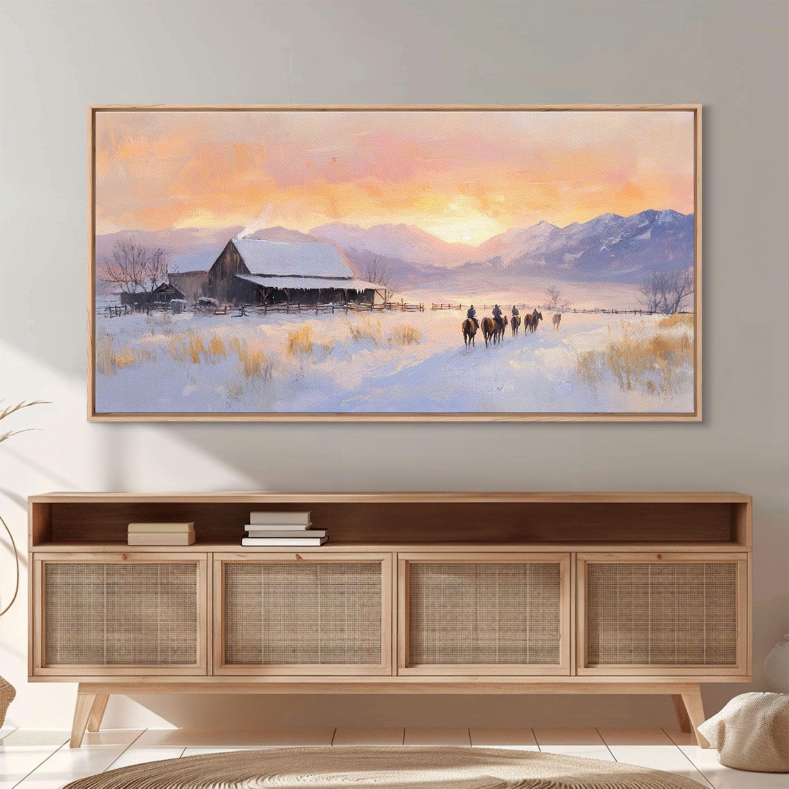 Snowy Farmhouse Sunset Ranch Barn Riders Winter Mountain Poster