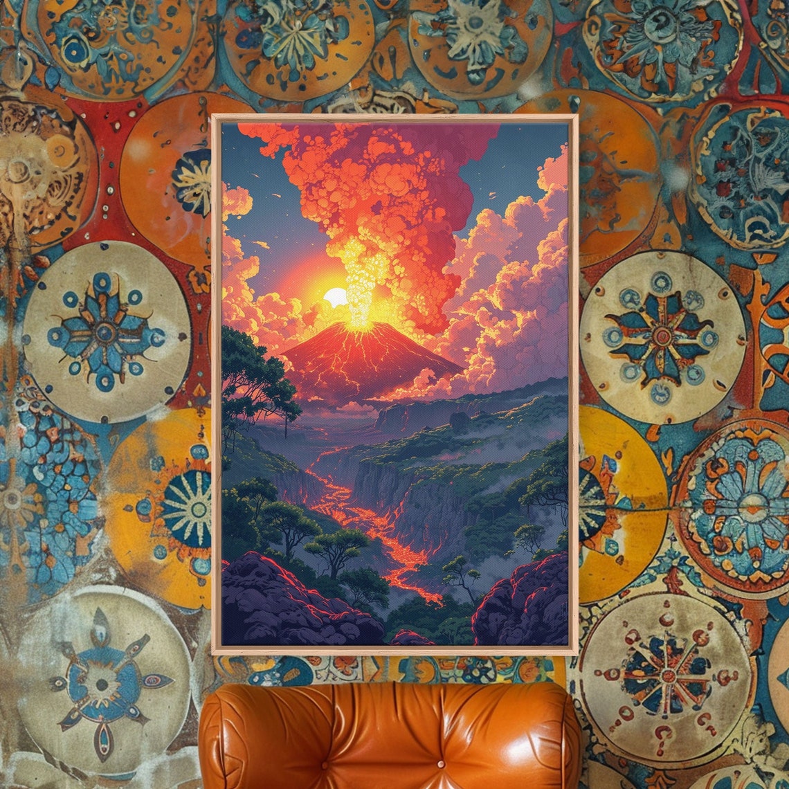 Vivid Volcano Eruption Poster with Fiery Orange Lava Sky Landscape Art - Image 3