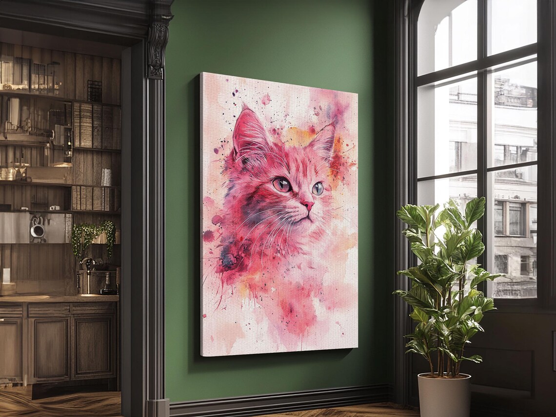 Pink Cat Portrait Watercolor Whimsical Feline Bedroom Wall Art Poster - Image 3
