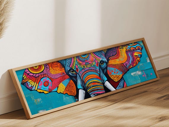 Framed Print Of African Art With Bold Geometric Elephant Design Whimsical Wall Art Cottagecore Art Above Couch Art