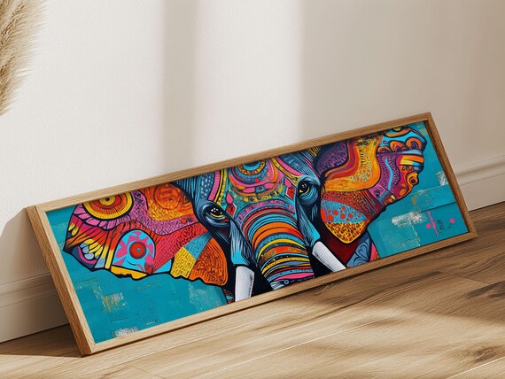 Vibrant Geometric Elephant Head Colorful Tribal Art Panoramic Wall Poster