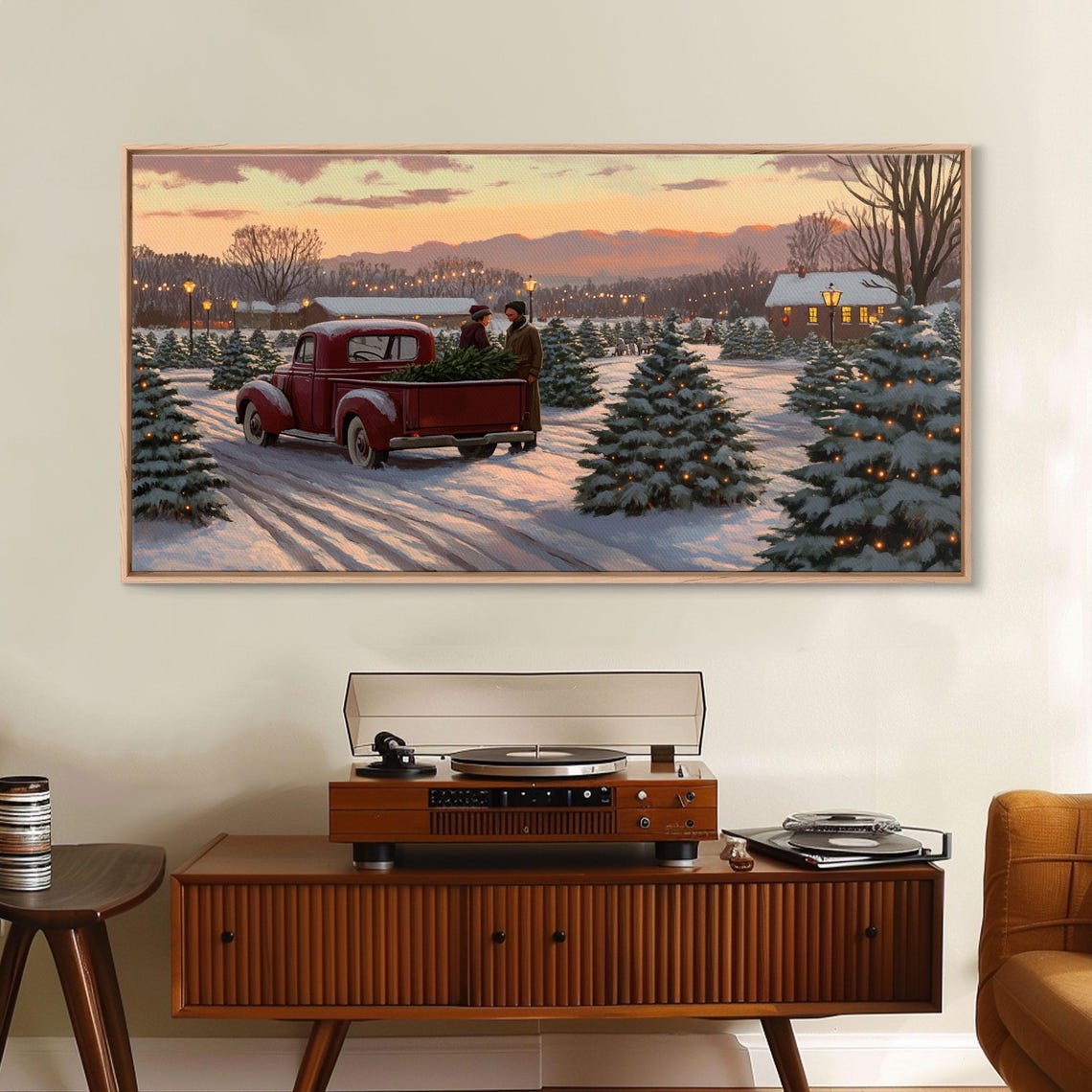 Vintage Red Truck At Snowy Christmas Tree Farm Sunset Glow Poster - Image 4