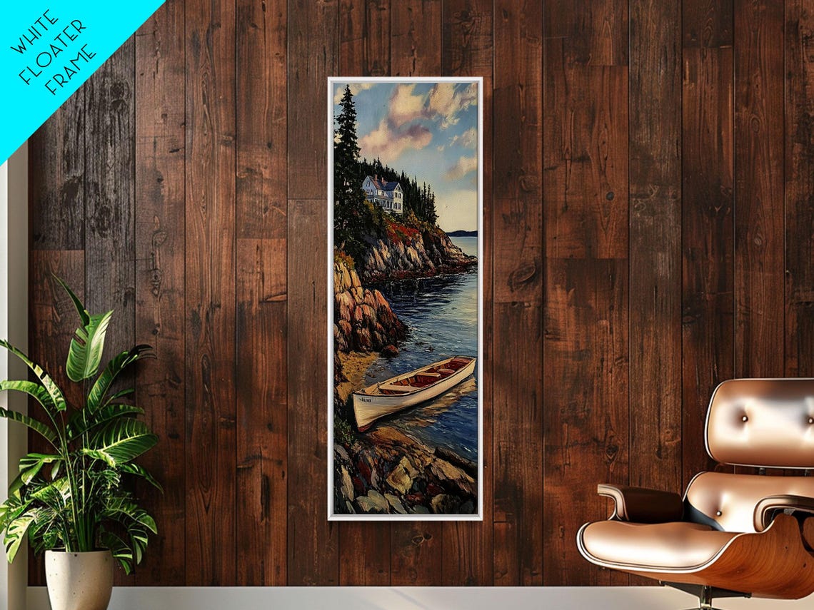 Coastal Cliff Cottage Rowboat Harbor Ocean Landscape Wall Art - Image 4