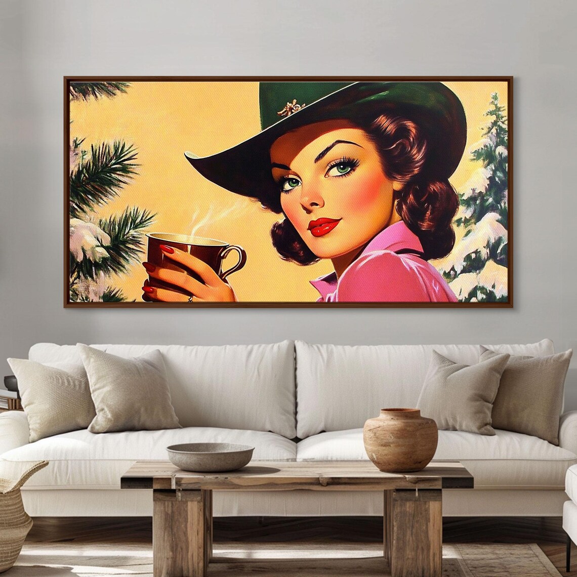 Retro Cowgirl In Green Hat With Coffee Snowy Winter Pines Pinup Poster - Image 6