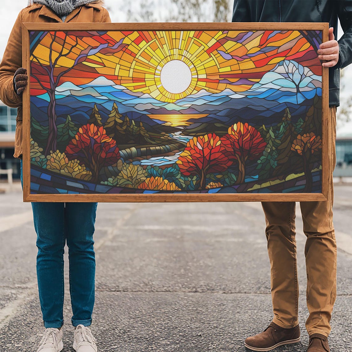 Stained Glass Sunrise Mountain Lake Autumn Forest Landscape Poster - Image 3