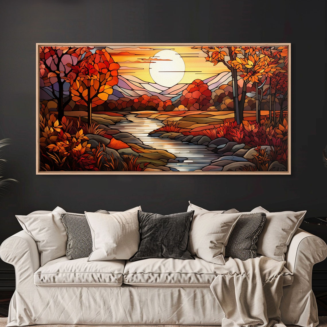 Stained Glass Autumn Valley River Sunset Fall Trees Panoramic Poster - Image 3
