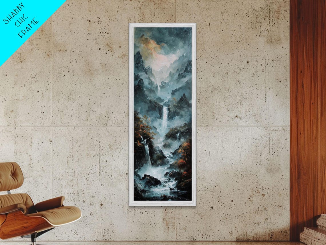 Waterfall Cascading Dark Misty Mountain Gorge Oil Painting Print - Image 4