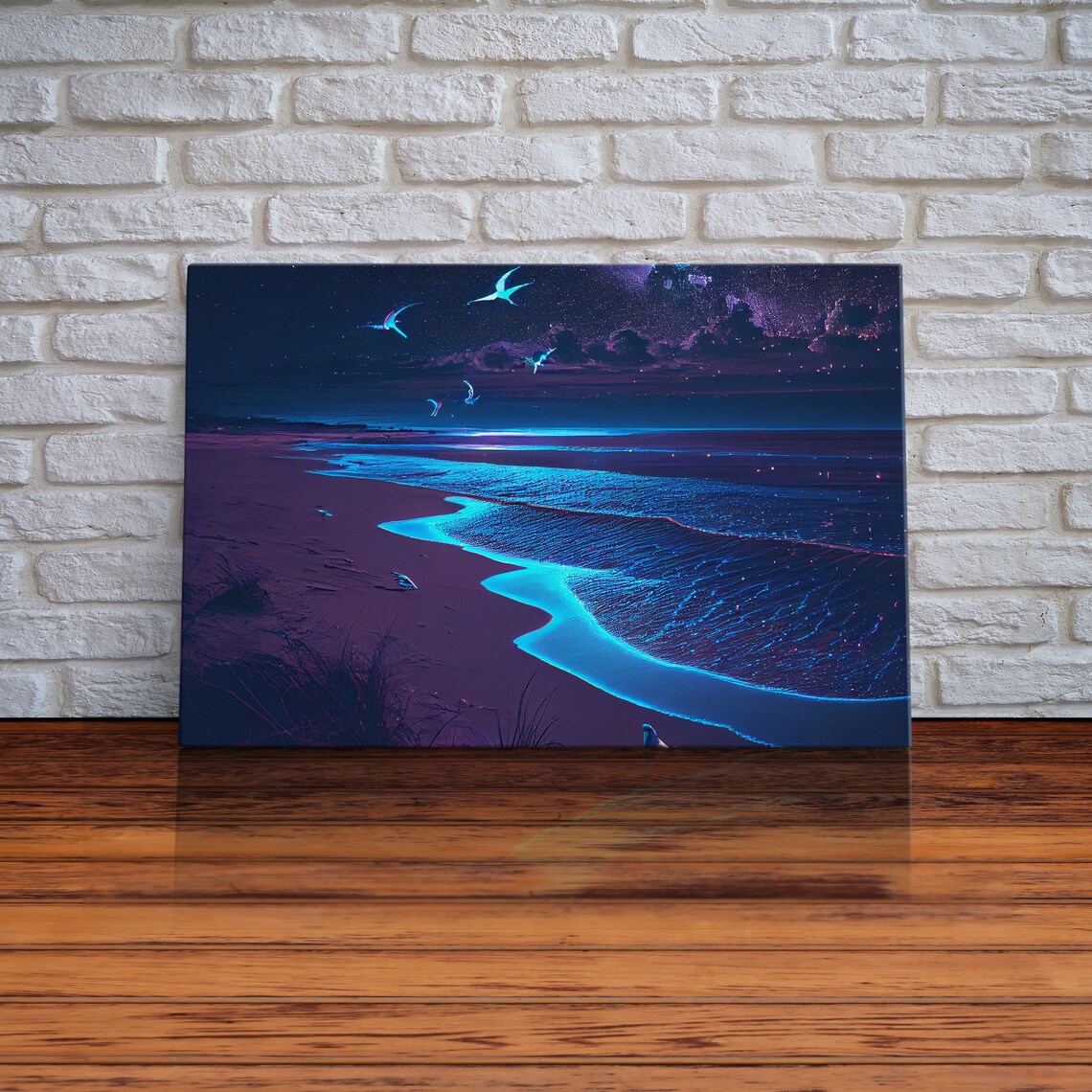 Bioluminescent Beach Night Glow Blue Waves Ocean Moonlight Shoreline Poster - Image 2