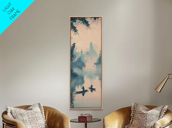 Tranquil Fishermen In Early Morning Misty Lake Scene Ukiyo E Wood Block Skinny Tall Framed Print Japanese Style Art