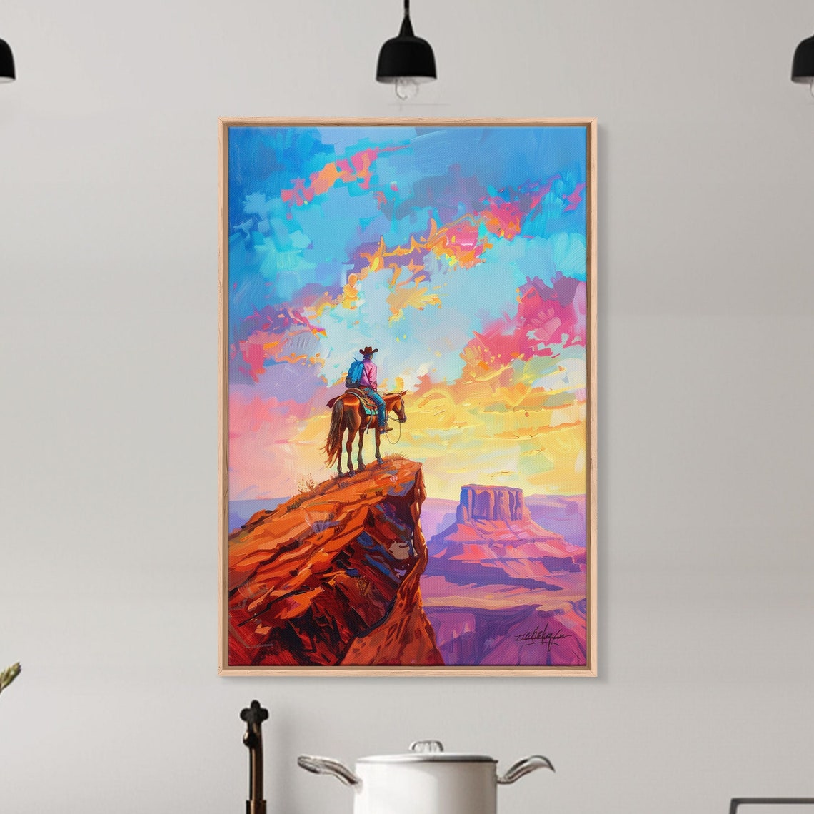 Cowboy On Horseback Overlooking Canyon At Colorful Sunset Art Poster
