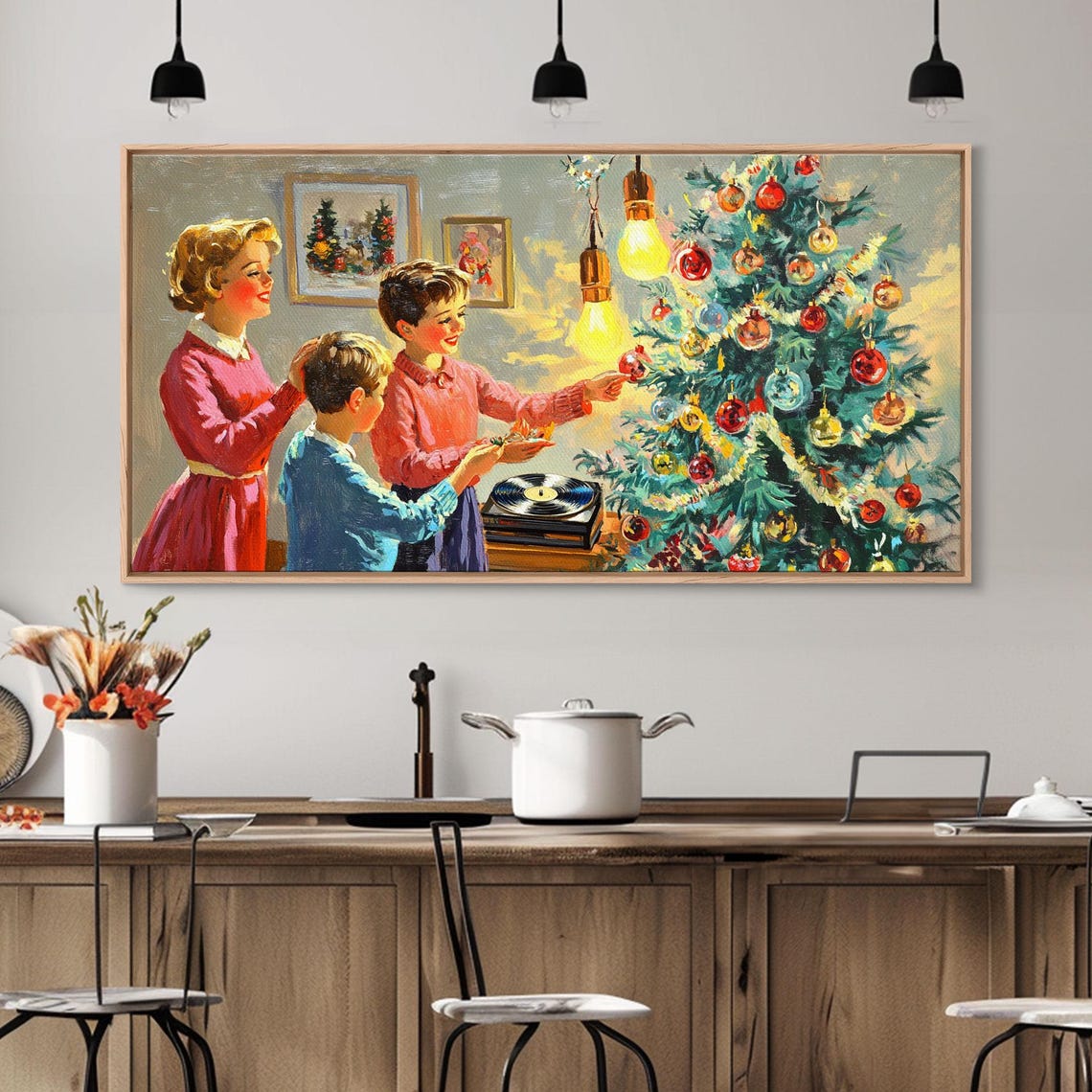 Retro Family Decorating A Bright Christmas Tree Together Art Print - Image 3