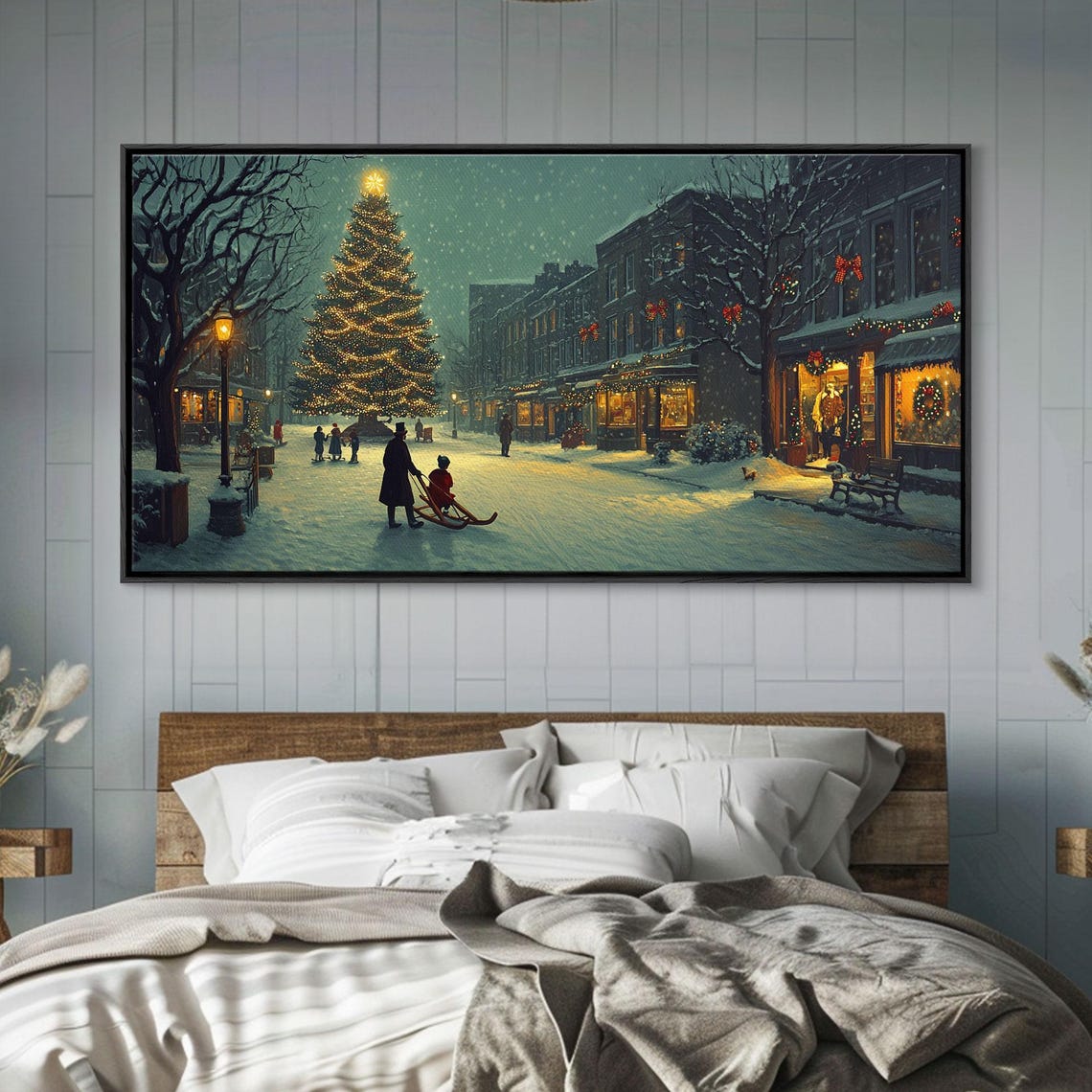 Snowy Christmas Village Square Lit Tree Sled Vintage Winter Print - Image 5