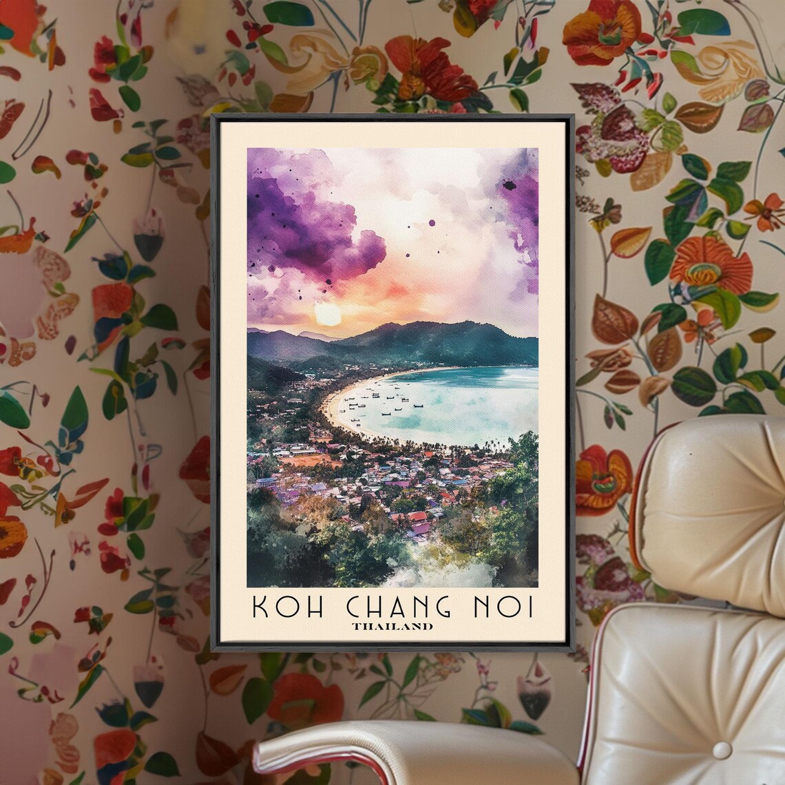 Koh Chang Noi Thailand Purple Sunset Bay Village Boats Watercolor Poster - Image 2