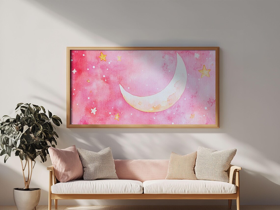 Pink Watercolor Crescent Moon And Gold Stars Celestial Night Sky Poster - Image 2