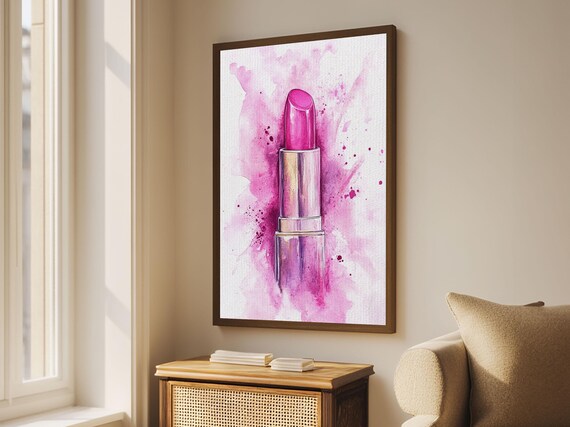 Magenta Lipstick In Chrome Tube Watercolor Bold Beauty Wall Art Print