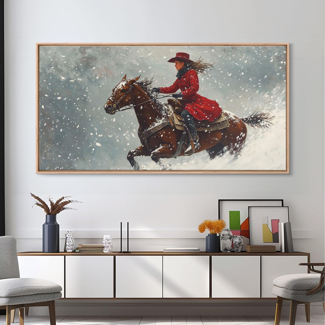 Cowgirl In Red Coat Galloping Through A Snowstorm Western Art Poster - Image 5