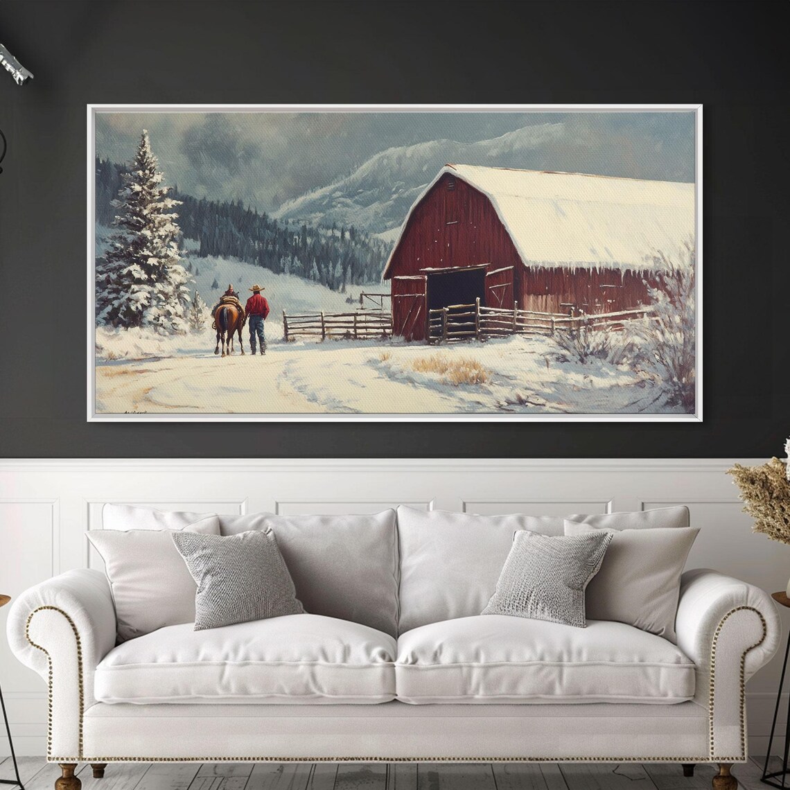 Cowboy With Horse Walking To Snowy Red Barn Winter Morning Poster - Image 3
