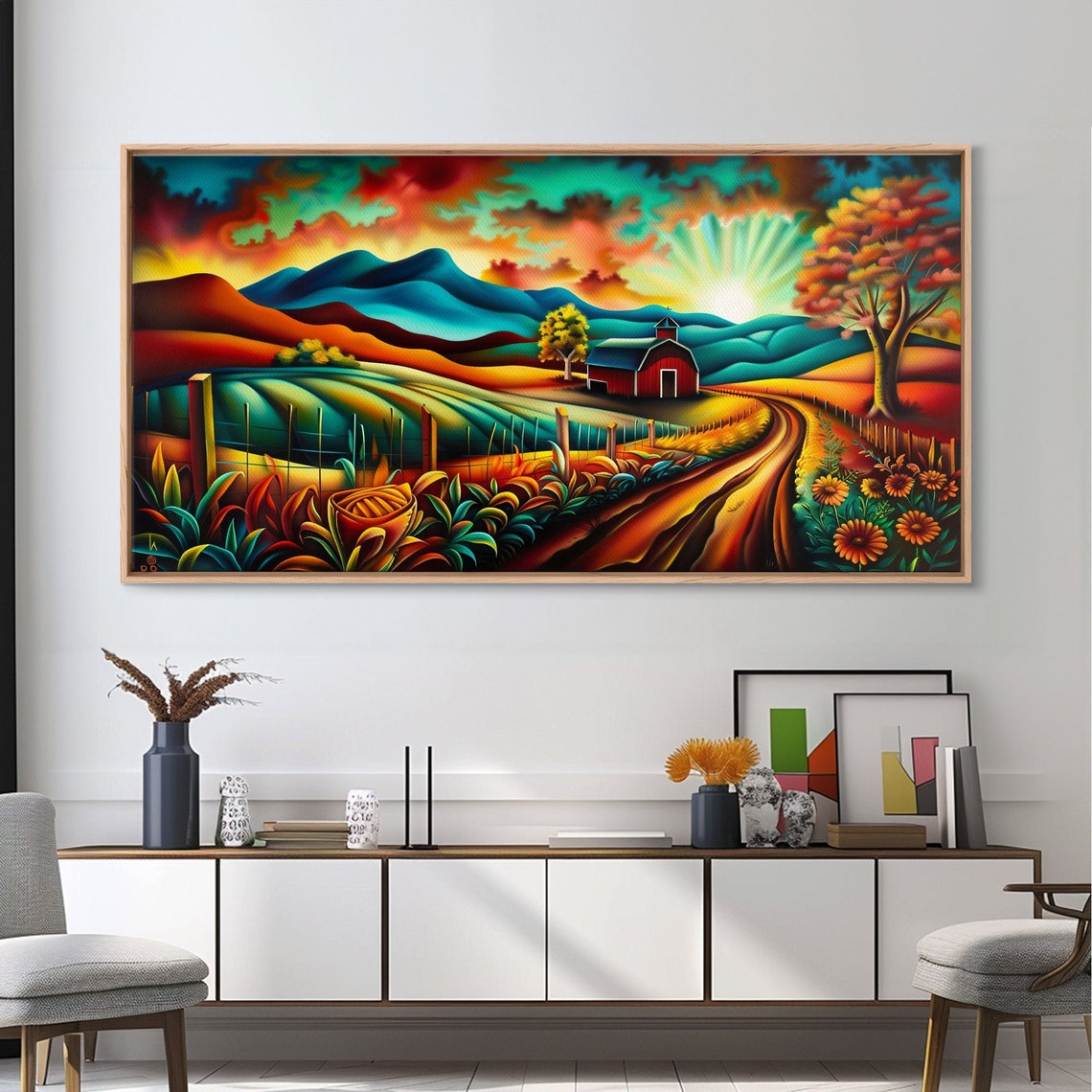 Colorful Red Barn Farm Sunrise Rolling Hills Folk Art Landscape Poster - Image 3