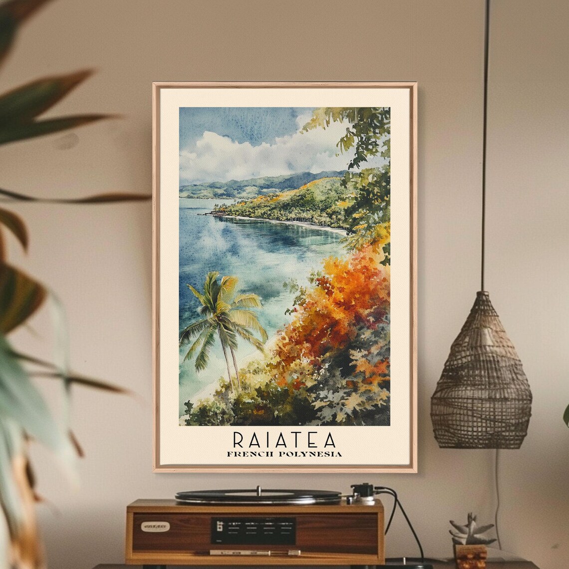Raiatea French Polynesia Tropical Lagoon Hillside View Palm Trees Watercolor Poster - Image 2