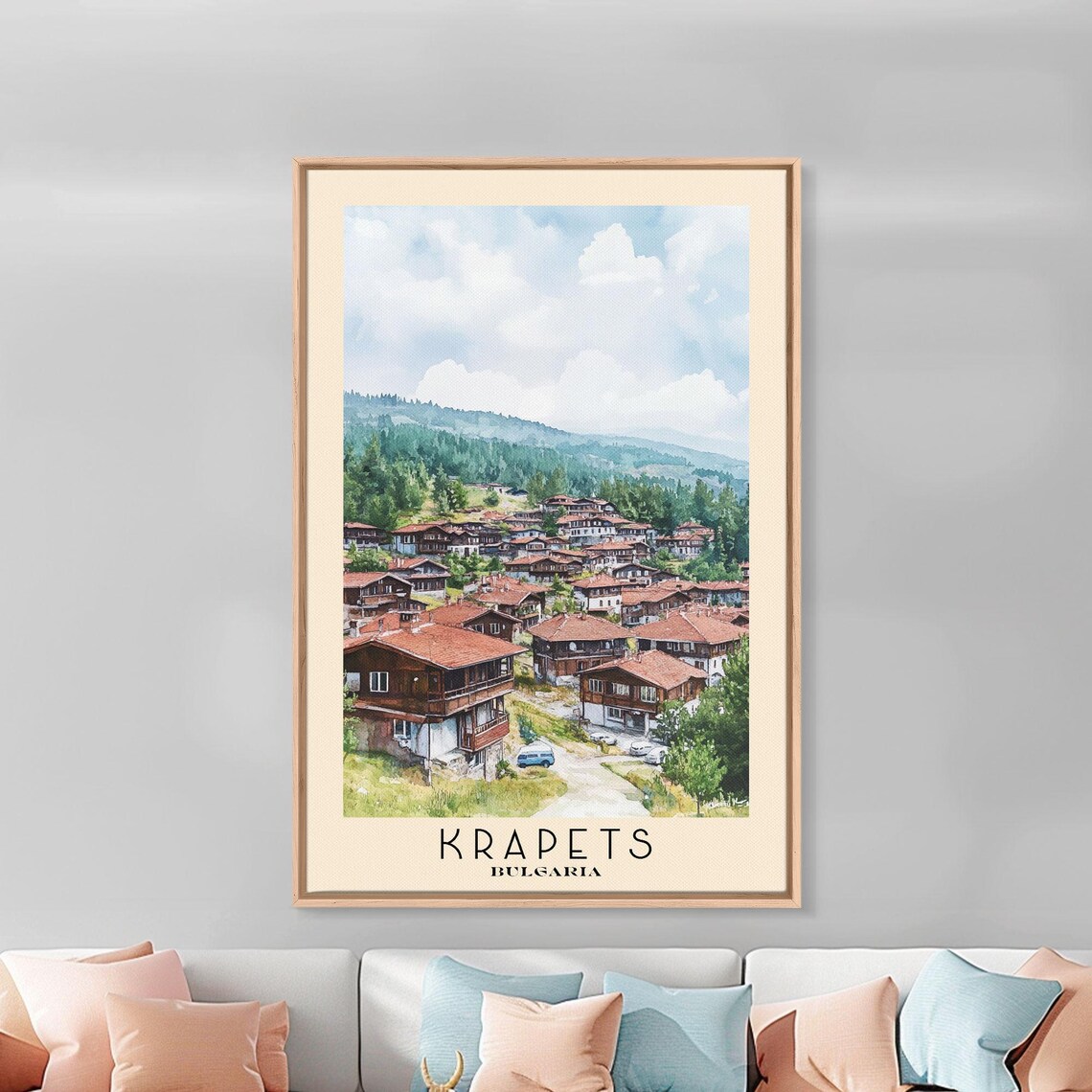Krapets Bulgaria Red Roof Village Green Hills Watercolor Poster - Image 3