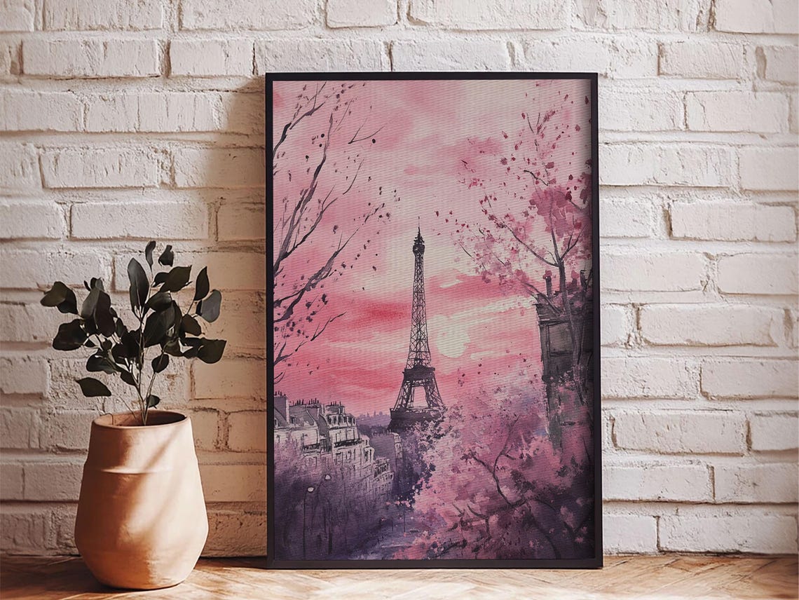 Paris Eiffel Tower With Cherry Blossoms Pink Romantic Cityscape Print - Image 4