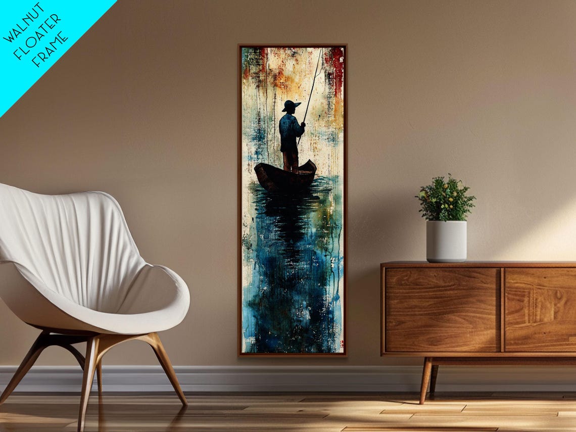 Fisherman in Boat Silhouette Abstract Blue Water Lake Wall Art - Image 2