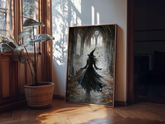 Witch In Gothic Cathedral Ruins Dark Moody Bats Spooky Halloween Art Poster