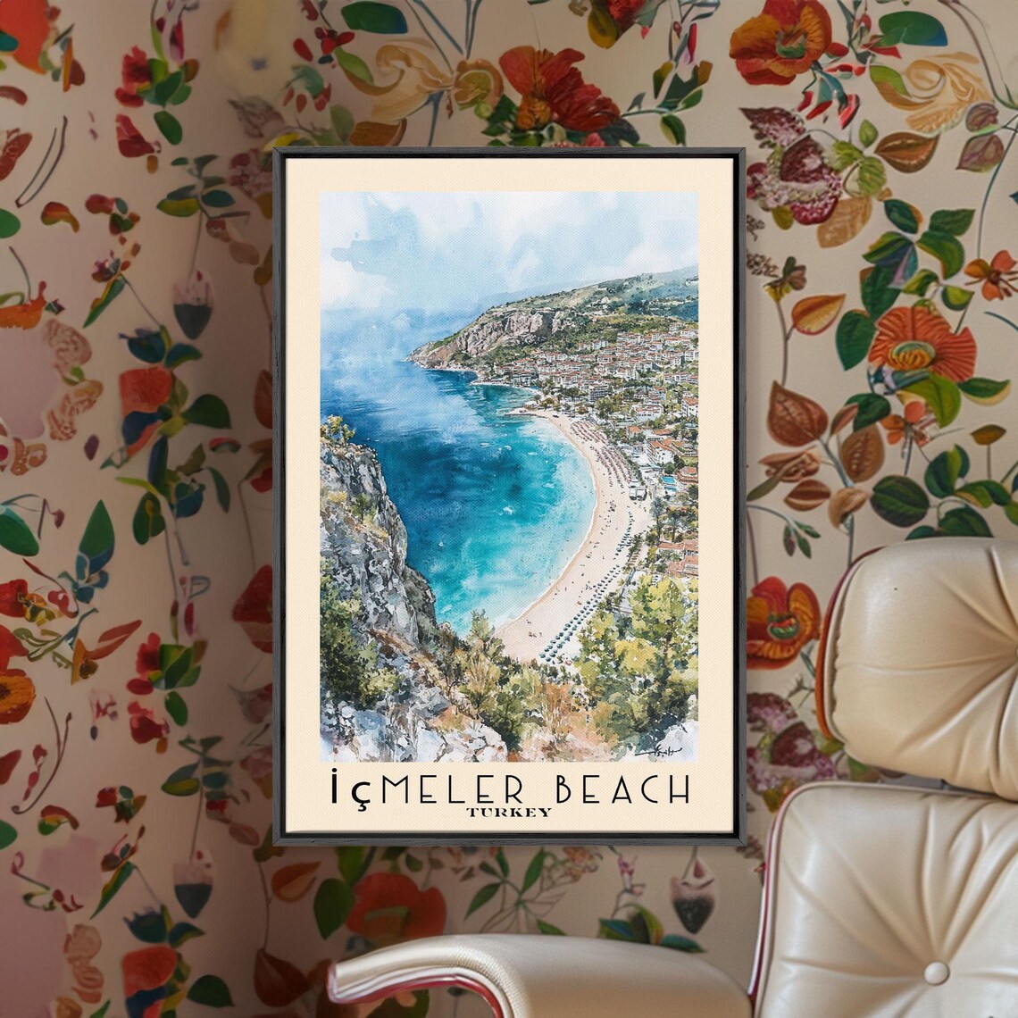 Icmeler Beach Turkey Curving Resort Bay Aerial Watercolor Wall Art Poster - Image 2