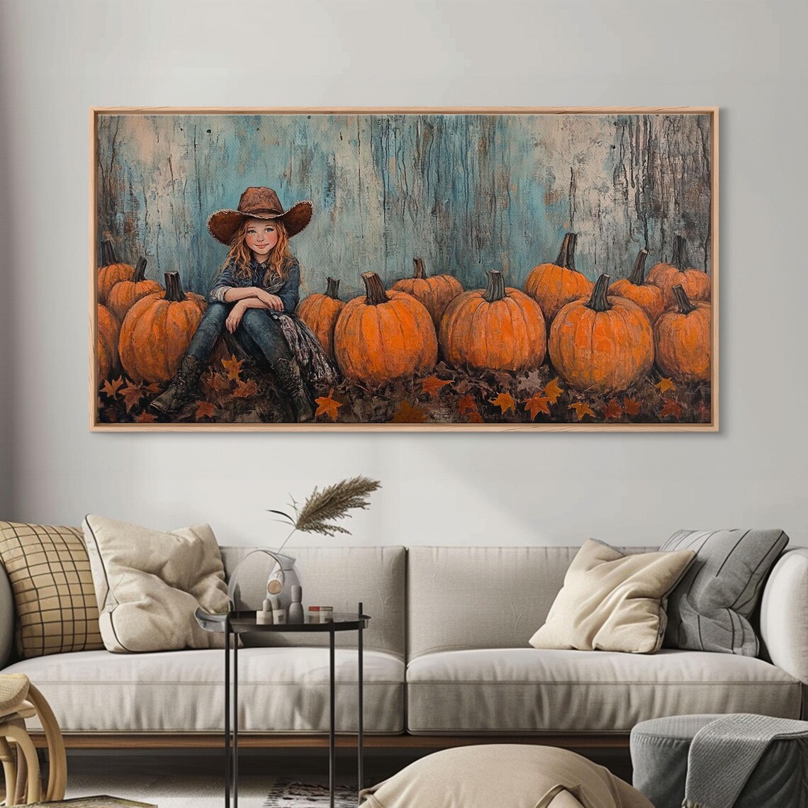 Young Cowgirl Sitting Among A Row Of Pumpkins Rustic Fall Art Print - Image 2
