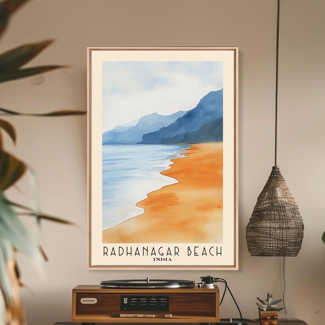 Radhanagar Beach India Golden Sand Shore Blue Mountains Calm Water Watercolor Poster - Image 2