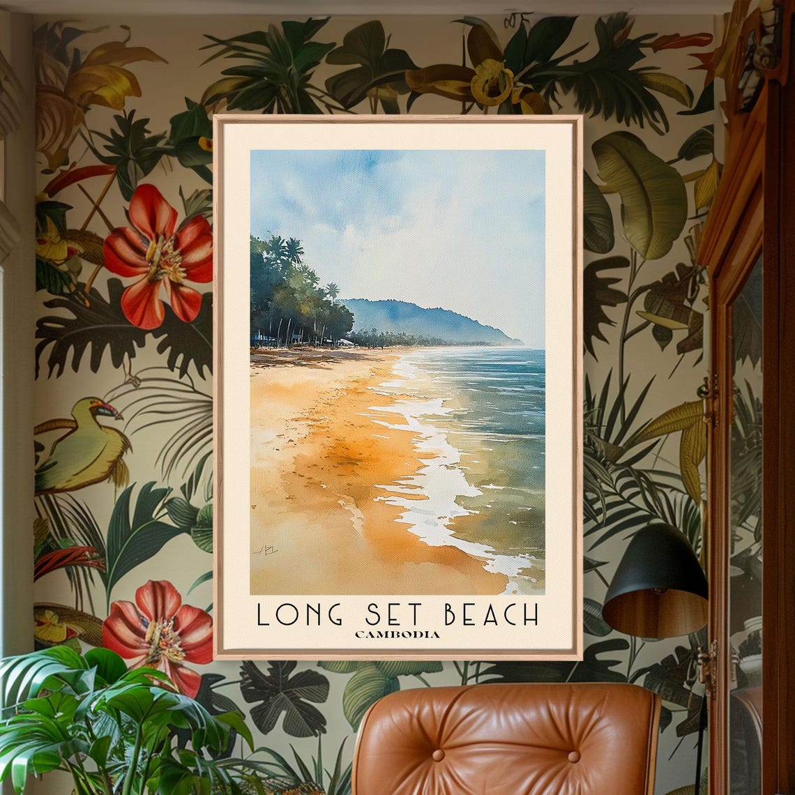 Long Set Beach Cambodia Golden Sand Palm Trees Hills Watercolor Poster - Image 2