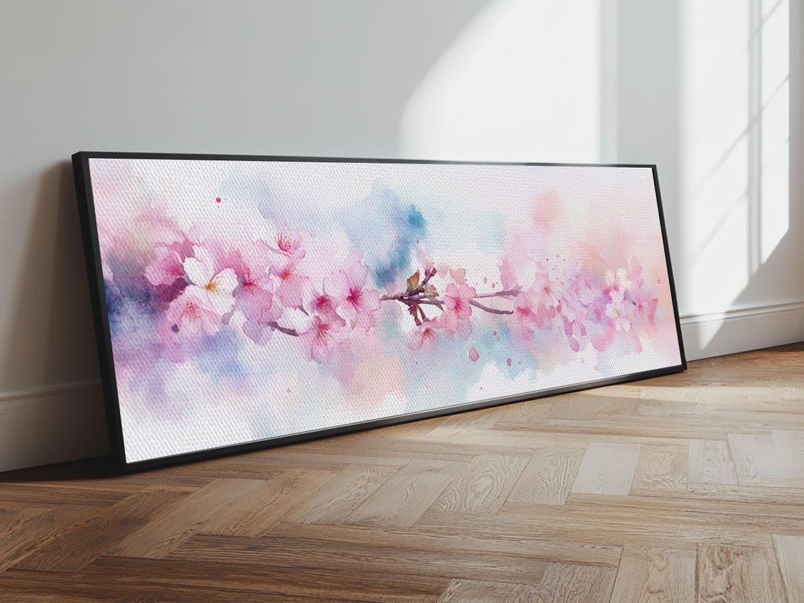 Cherry Blossom Branch Pink Watercolor Ukiyo E Panoramic Wall Poster - Image 4