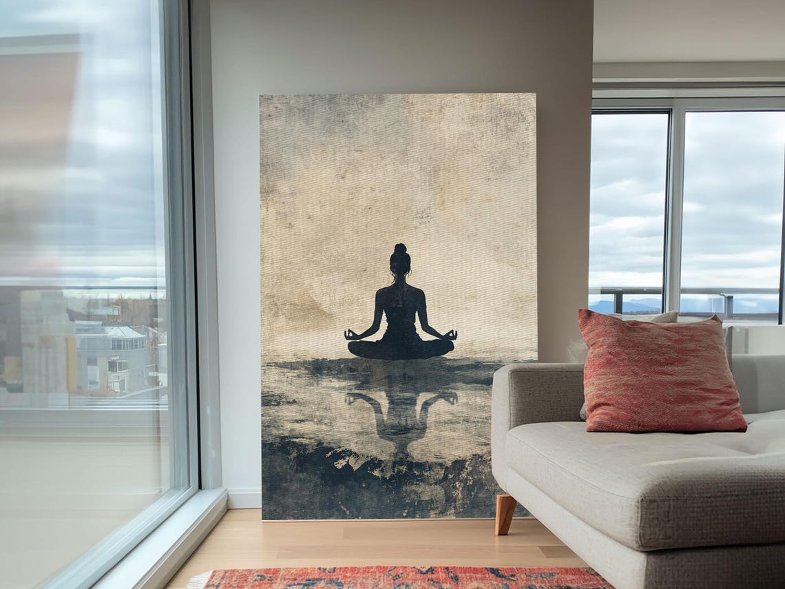 Meditation Silhouette Lotus Pose Water Reflection Neutral Zen Wall Art - Image 5
