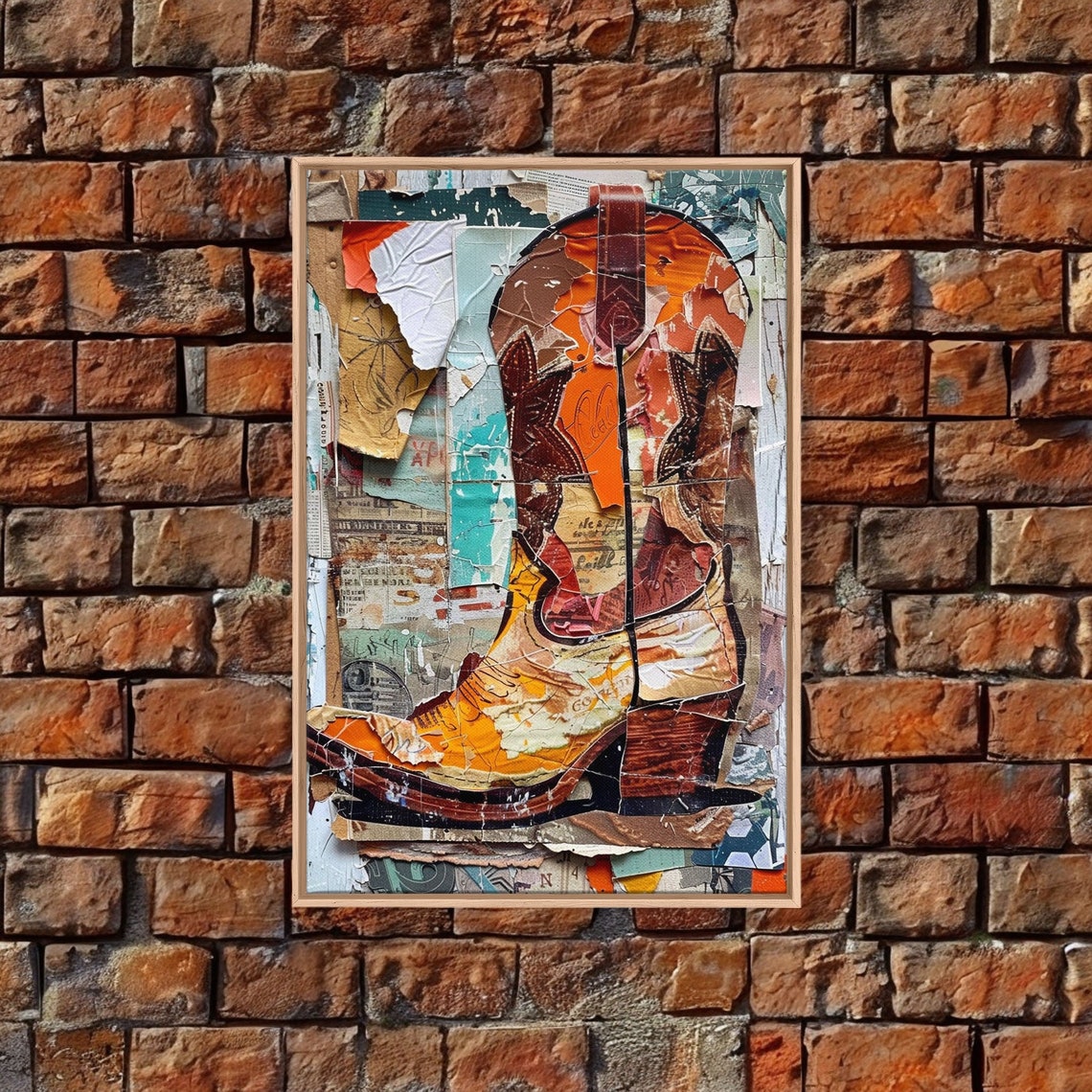 Rustic Cowboy Boot Collage On Distressed Background Framed Print Vintage Western Home Decor Unique Cowboy Boot Wall Art - Image 5