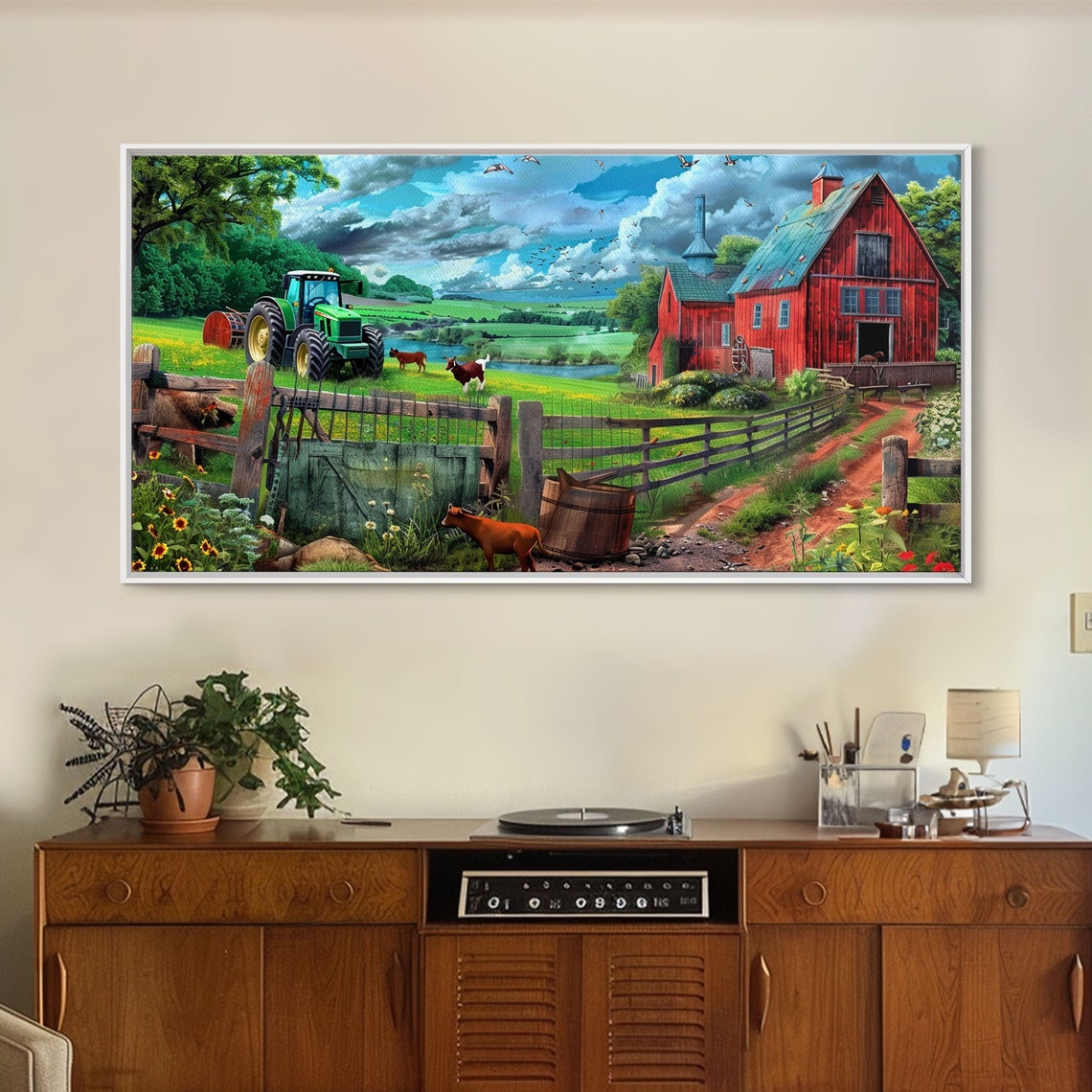 Red Barn Green Tractor Cows Gate Sunflowers Farm Valley Art Poster
