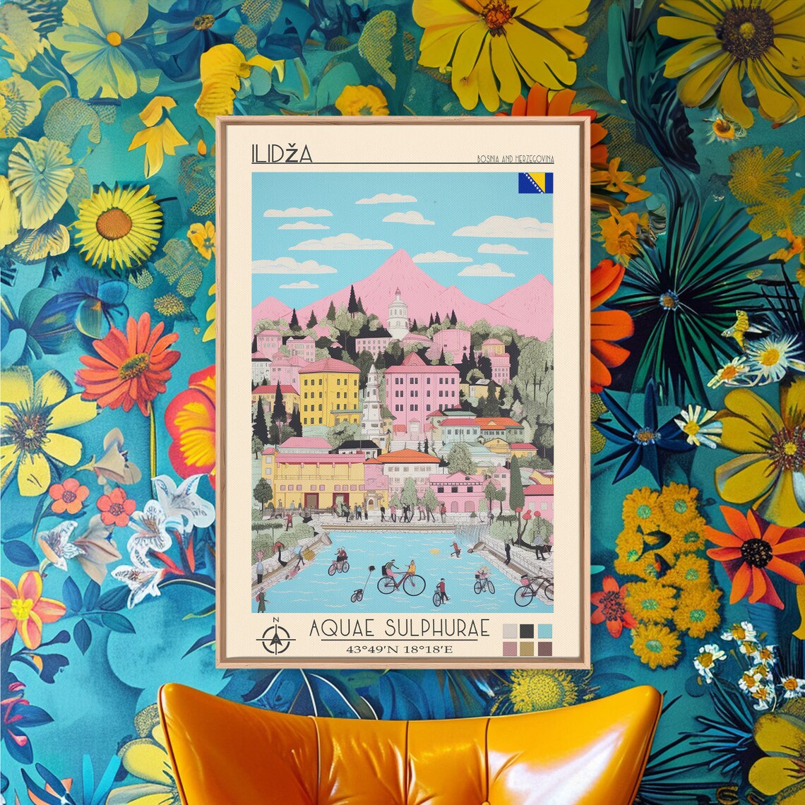 Ilidza Bosnia Spa Town Thermal Pools Cyclists Pink Mountains Poster - Image 5