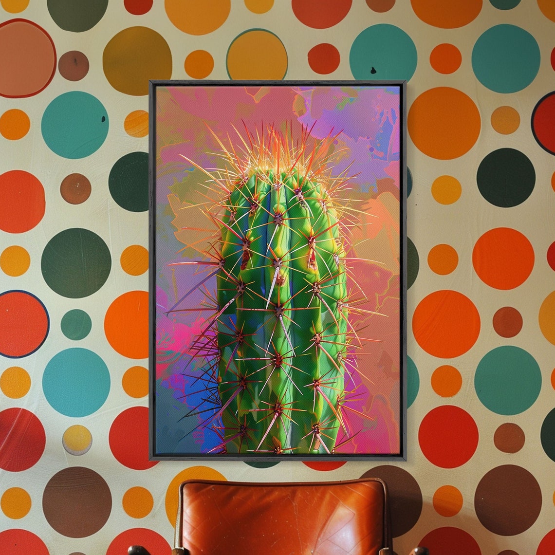 Green Cactus With Orange Spines Vibrant Desert Pop Art Poster