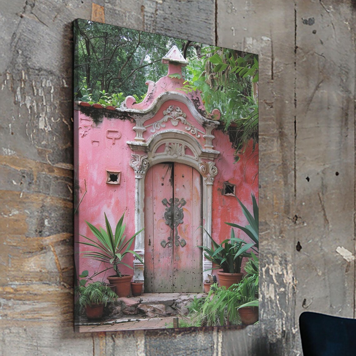 Vintage Rose Pink Wooden Door Ornate Stone Portal Garden Travel Poster - Image 3