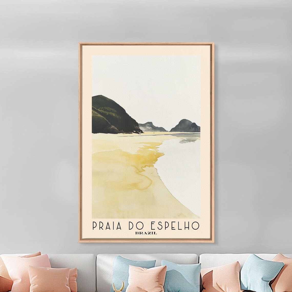 Praia do Espelho Brazil Pale Gold Beach Dark Green Headlands Coastal Watercolor Poster - Image 3