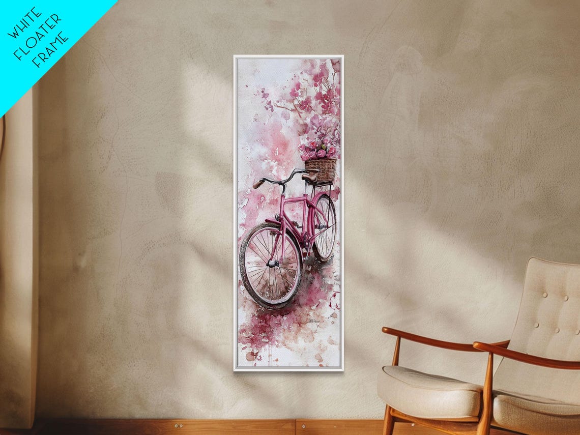 Pink Vintage Bicycle With Flower Basket Cherry Blossom Wall Art - Image 5