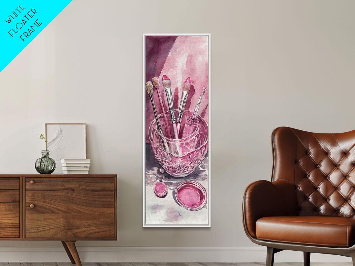 Pink Makeup Brushes Crystal Glass Jar Watercolor Beauty Wall Art - Image 6
