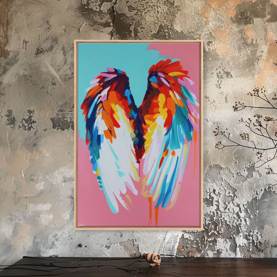 Colorful Angel Wings Pink Teal Feathered Wings Modern Art Wall Poster - Image 2