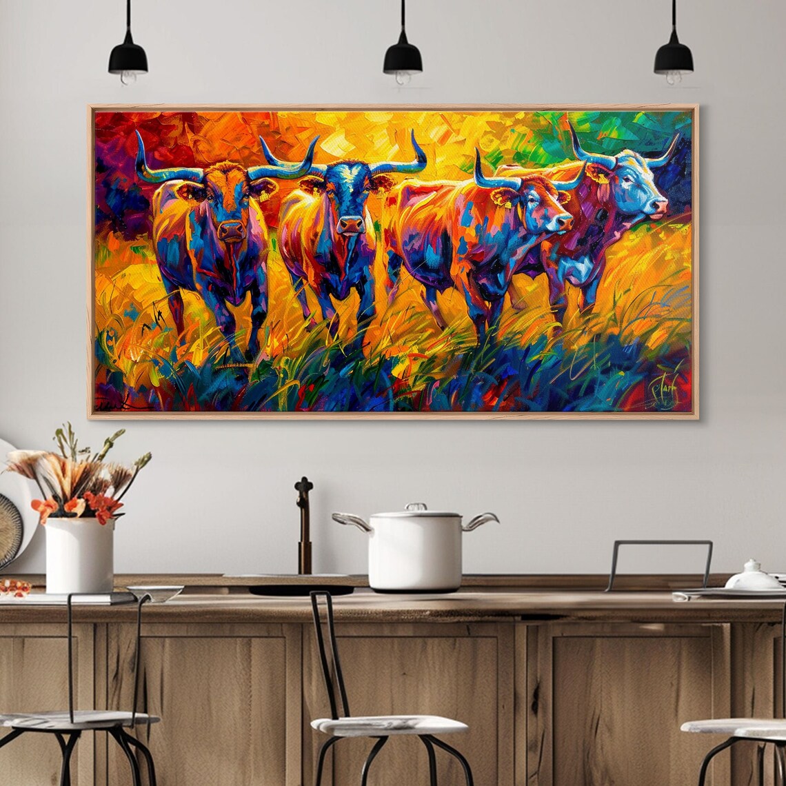 Longhorn Cattle Herd Walking In Golden Grass Fiery Impasto Art Poster - Image 3
