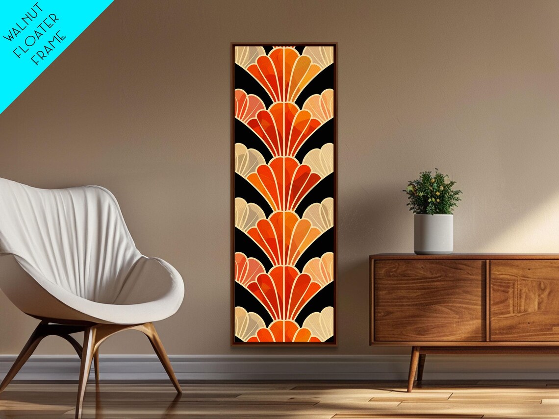 Art Deco Scallop Shell Repeat Pattern In Orange And Cream On Black Art Poster - Image 2
