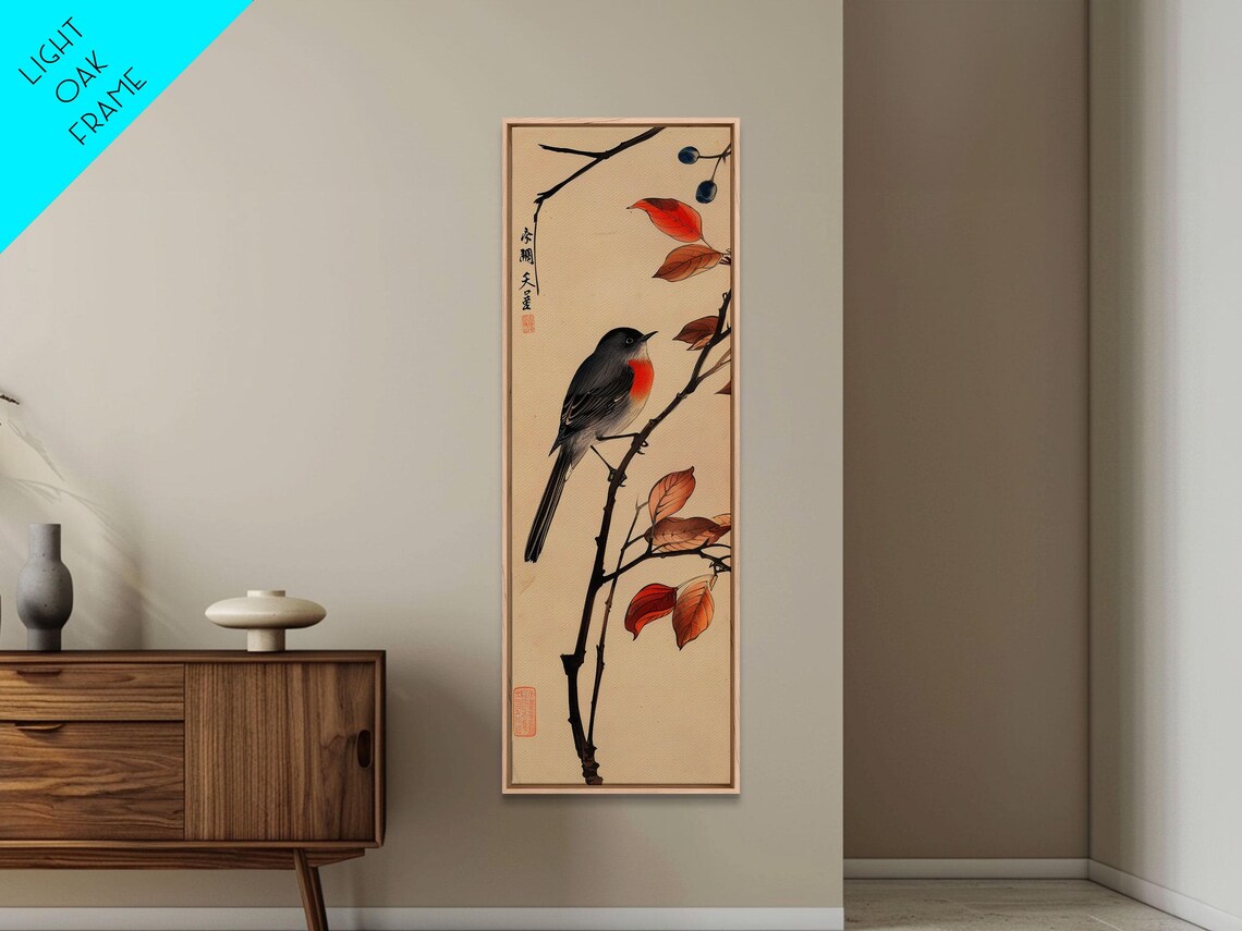 Songbird On Autumn Branch With Red Berries Vintage Woodblock Wall Art - Image 6