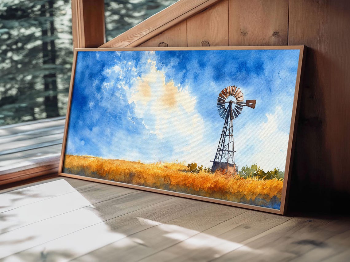 Bright Blue Sky Windmill Framed Print Rustic Farmhouse Art Horizontal Artwork Ideal Above Sofa Unique Living Room Wall Decor - Image 4
