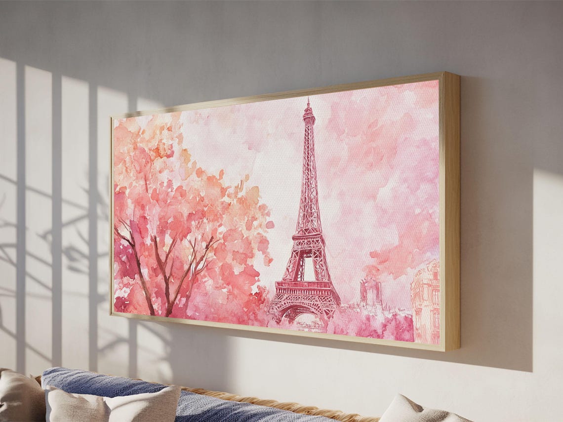 Eiffel Tower Pink Cherry Blossom Watercolor Paris Romantic View Poster - Image 2