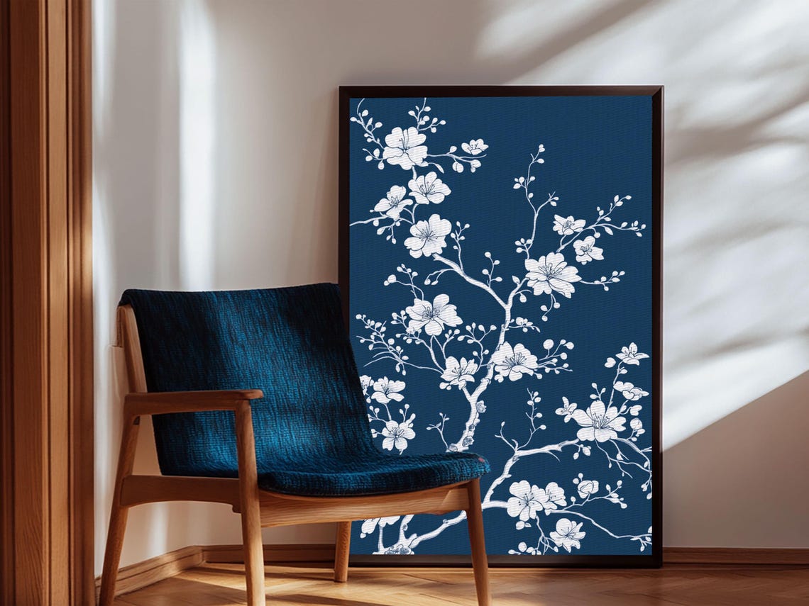 White Cherry Blossoms Navy Blue Chinoiserie Botanical Wall Art Poster - Image 4
